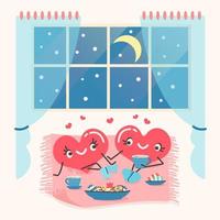 Two cute hearts are sitting on the carpet and drinking tea with sweets and cookies. Homemade romantic time concept. Couple in love. Home decor. Vector illustration in cartoon style