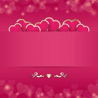 Pink bright background with glowing stars and lights. Frame for Text, holiday greetings, invitations. banners. in gold frame. Lots of pink bright hearts in gold frame. Vector illustration