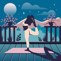 Beautiful yoga woman at home. Silhouette of girl stretches outdoor on yoga mat. Female character does breathing practice on the porch. Vector flat gradient illustration for healthy lifestyle