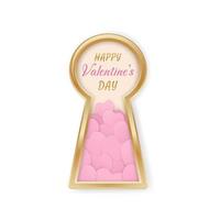 Valentine's Day greeting card. Golden keyhole with many pink hearts  in realistic style isolated on white background. Key to my heart. Romantic holiday Design for greeting cards, invitations. Vector. vector