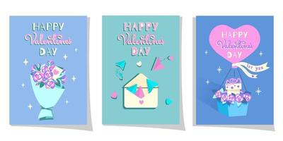 Happy Valentine's day card. Set of Vector illustration in cartoon flat style. Design for invitation, Postcard, Greeting card, flyer. Celebration concept.