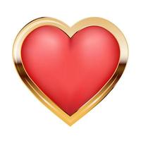 Bright red heart in gold frame isolated on white background. Romantic and wedding concept. Heart shaped decoration. Vector illustration in realistic style.