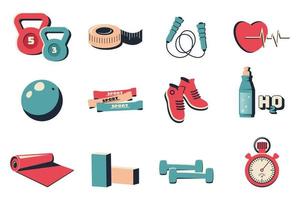 Fitness icon. Isolated gym icon set. Sport equipment for yoga, healthy lifestyle, sport, web design. Vector flat illustration