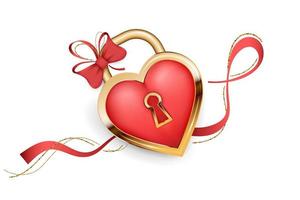 Heart-shaped gold castle in realistic style isolated on white background. Lock, red  heart with ribbon and bow.  Romantic design. Vector illustration.