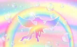 Rainbow sky background with flying bubbles and magic unicorn. vector