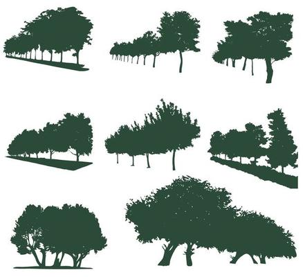 Set of silhouettes of deciduous park and forest trees