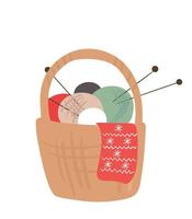 Illustration of a basket with knitting threads. Knitting vector illustration for postcard, magazine, web, advertisement.