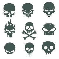 Set of nine silhouettes of skulls with bones vector