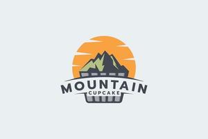 mountain cupcake logo with a combination of a cupcake, a mountain, and sun. vector