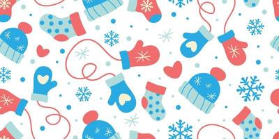 Christmas seamless Pattern with mittens, hats, socks, snowflakes. Winter Clothing Accessories, retro style. Concept of winter holiday, celebration background. Vector illustration.