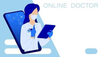 Doctor in smartphone, online medicine. Woman doctor, nurse in protective medical mask with tablet in her hands reads diagnosis to patient advises patient online. Vector