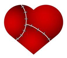 Broken heart with a wound sewn up with wire. Problems in family relationships, treason. Divorce of a married couple. Vector