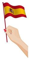 Female hand gently holds small Spain flag. Holiday design element. Cartoon vector on white background