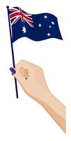 Female hand gently holds small Flag of Australia. Holiday design element. Cartoon vector on white background