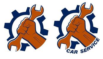 Emblem, label for car workshop, service center, car service. Male hand of mechanic with wrench on background of mechanism, gears. Vector