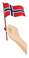 Female hand gently holds small Norway flag. Holiday design element. Cartoon vector on white background