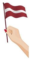 Female hand gently holds small flag of Latvia. Holiday design element. Cartoon vector on white background