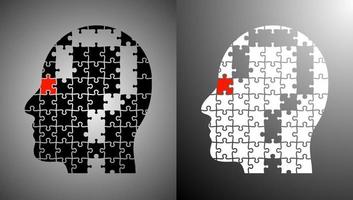 Brainstorming concept. Solving complex problems. Man made of puzzle pieces with question mark in his head. Watch, think, do. Vector