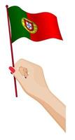 Female hand gently holds small Portugal flag. Holiday design element. Cartoon vector on white background