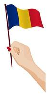 Female hand gently holds small Romania flag. Holiday design element. Cartoon vector on white background