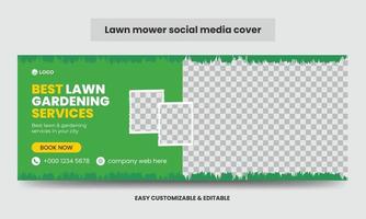 Lawn mower Promotion Social Media Cover Photo Design Template. Mowing Service Social Media Timeline Web Banner vector