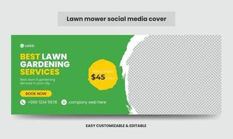 Lawn mower Promotion Social Media Cover Photo Design Template. Mowing Service Social Media Timeline Web Banner vector