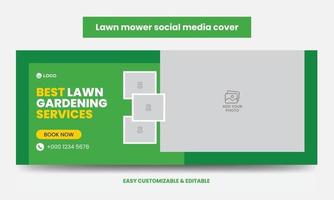 Lawn mower Promotion Social Media Cover Photo Design Template. Mowing Service Social Media Timeline Web Banner vector