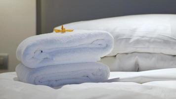 serviço de arrumação do hotel traz toalhas para o quarto e coloca na cama video
