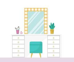 Flat vector illustration with make up vanity table, mint poof, gold mirror with lights isolated on white background