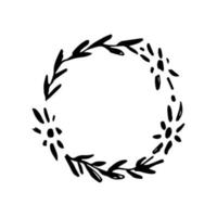 Hand-drawn simple floral vector round frame. A wreath of flowers, leaves, twigs. For label prints, postcard, invitation. Black and white sketch.