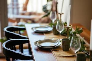 Table served for dinner, close up view photo