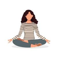 mujer de piernas cruzadas meditando o practicando yoga aislada en el fondo blanco. ilustración vectorial de una chica relajada practicando meditación consciente y ejercicios de control de la respiración en silencio vector