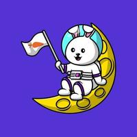 Cute Rabbit Holding Carrot Flag On Moon Cartoon Vector Icon Illustration. Flat Cartoon Concept