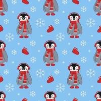 Seamless pattern cute little penguins in winter clothes with snowflakes on blue background. Christmas and New Year animals design vector