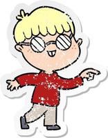 distressed sticker of a cartoon boy wearing spectacles vector