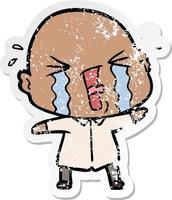 distressed sticker of a cartoon crying bald man vector