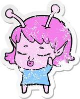 distressed sticker of a cute alien girl cartoon vector