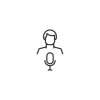 Monochrome sign drawn with black thin line. Modern vector symbol perfect for sites, apps, books, banners etc. Line icon of microphone next to faceless man