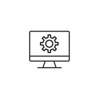 Item on pc monitor. Outline sign suitable for web sites, apps, stores etc. Editable stroke. Vector monochrome line icon of gear or cogwheel on computer monitor