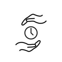 Support and gift signs. Minimalistic isolated vector image for web sites, shops, stores, adverts. Editable stroke. Vector line icon of clock between outstretched hands