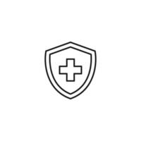 Shield, armor, protection sign. Minimalistic vector symbol drawn with black thin line. Suitable for adverts, stores, shops, books. Line icon of medical cross inside of armor or shield