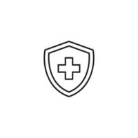 Shield, armor, protection sign. Minimalistic vector symbol drawn with black thin line. Suitable for adverts, stores, shops, books. Line icon of medical cross inside of armor or shield