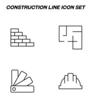 Simple monochrome signs drawn with black thin line. Vector line icon set with symbols of brick wall, scheme of house, die palette, builder helmet