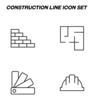 Simple monochrome signs drawn with black thin line. Vector line icon set with symbols of brick wall, scheme of house, die palette, builder helmet