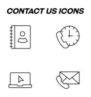 signos monocromáticos simples dibujados con una delgada línea negra. conjunto de iconos de línea vectorial con símbolos de guía telefónica, teléfono celular, computadora portátil, sobre vector