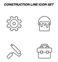 Simple monochrome signs drawn with black thin line. Vector line icon set with symbols of gear, cogwheel, bucket with paint, paint roller, suitcase