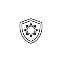 Shield, armor, protection sign. Minimalistic vector symbol drawn with black thin line. Suitable for adverts, stores, shops, books. Line icon of sun inside of armor or shield