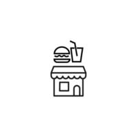 Store and shop concept. Outline sign suitable for web sites, stores, shops, internet, advertisement. Editable stroke drawn with thin line. Icon of burger and soda over store vector