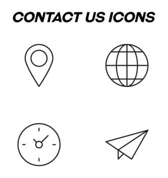 Simple monochrome signs drawn with black thin line. Vector line icon set with symbols of geo tag, globe, timer, paper airplane