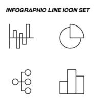 Simple monochrome signs drawn with black thin line. Vector line icon set with symbols of progress bar, pie chart, mind map or tree